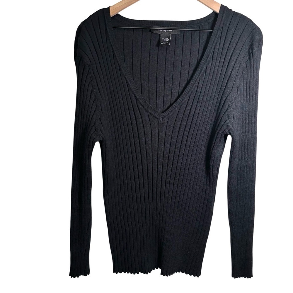 Ashley Stewart Stretchy Deep V-Neck Black Ribbed Sweater Preppy Casual 22/24